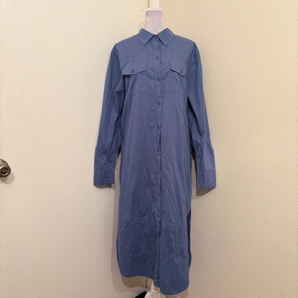 NWT Stateside Pixie Poplin Western Shirt Dress Blue Cotton Collared Midi L